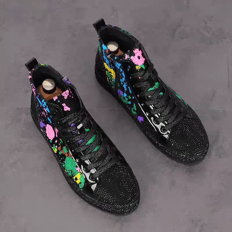 European fashion rhinestone sequin men's high top new network red shoes Korean version breathable high top board shoes view 4