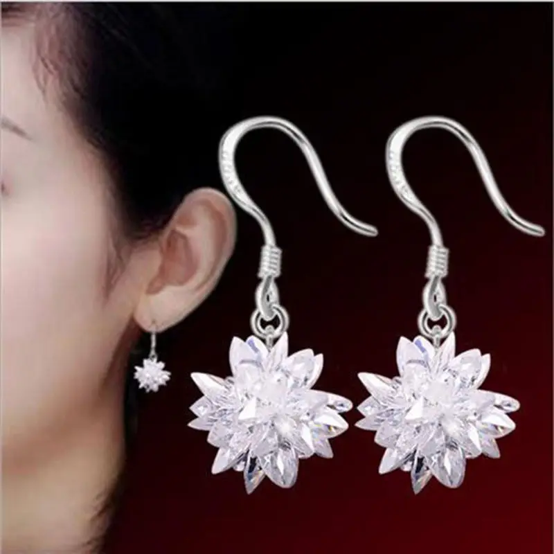 925 silver needle New Women\'s Fashion High Quality Earrings Crystal Ice Flower Long Tassel Zircon Earrings