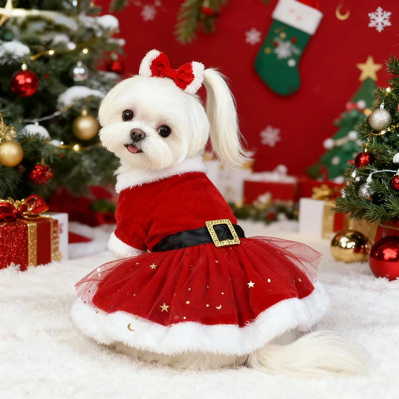 Samt-Weihnachtsmannkleid für Hunde mit Pailletten-Netzrock Flauschiger Weißer Besatz Elegantes Weihnachtsoutfit für Kleine Hunde Perfekt für Fotos – Detail 1