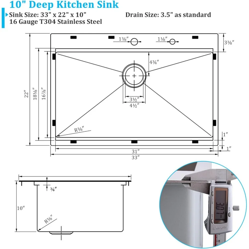 33-inci Drop di wastafel dapur Workstation, 33x22 Drop-In Topmount wastafel dapur mangkuk tunggal 16 Gauge Stainless Steel wastafel dapur