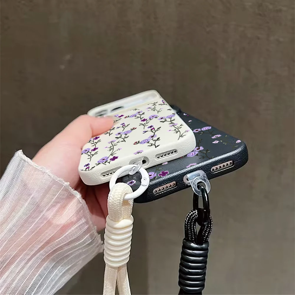 Thin Branch Purple Floral Strap Rope Phone Case For iPhone 17 16 15 Pro Max 16 15 14 Plus 17 16 Pro 17Air Silicone Matte Cover view 6
