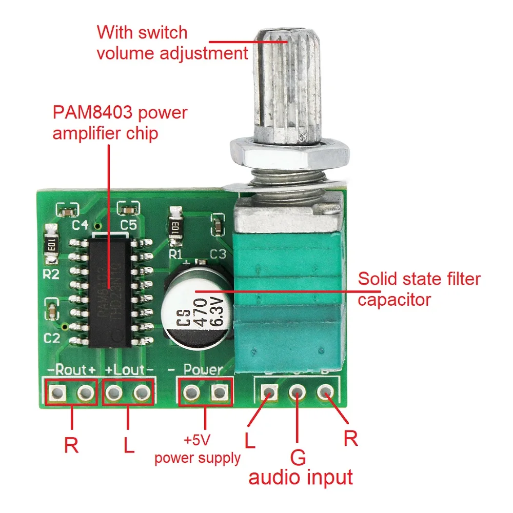 PAM8403 Mini 5V Digital Audio Amplifier Board Power AMP Module with Switch Potentiometer Dual-Channel USB 2*3W Volume Control