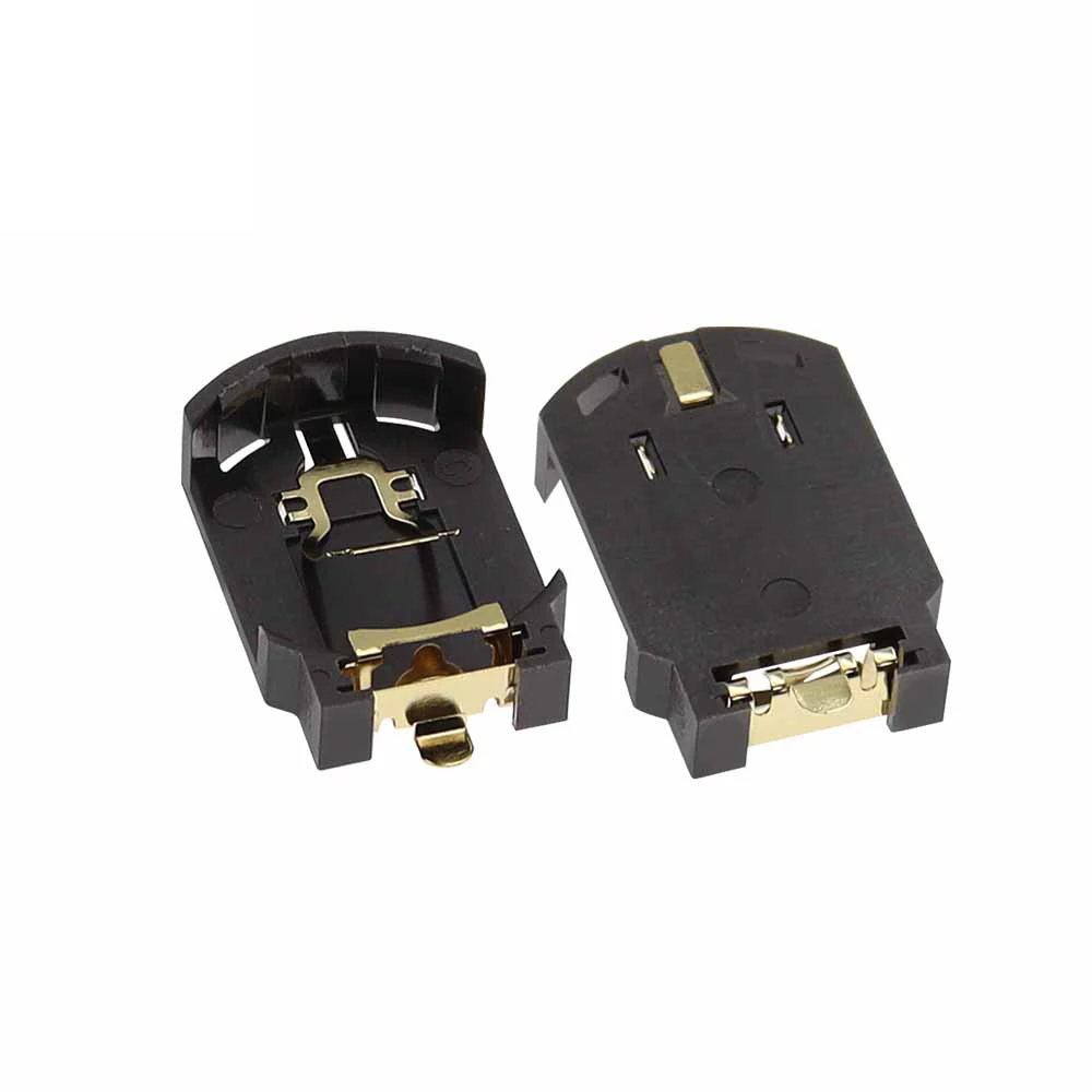 CR2032 button battery holder - 2P surface mount copper-gold contacts, horizontal gold pins, high-temperature resistant battery b