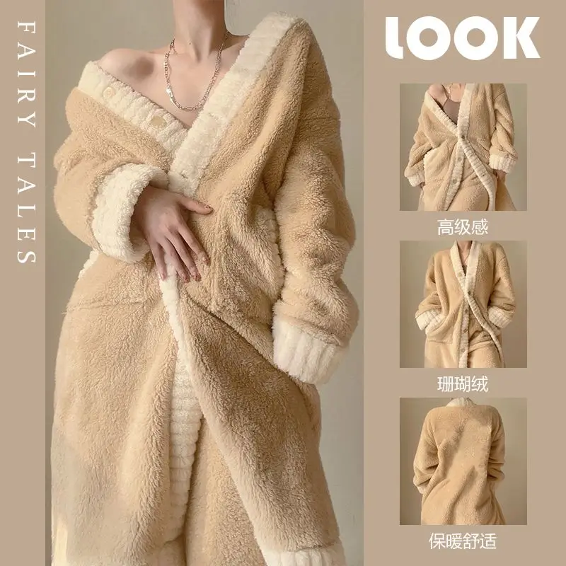 

Утолщенные женские пижамы, домашняя одежда, халат, брюки, костюм, зимняя одежда для сна, новая модель, французский стиль, усовершенствованные длинные рукава, коралловый флис