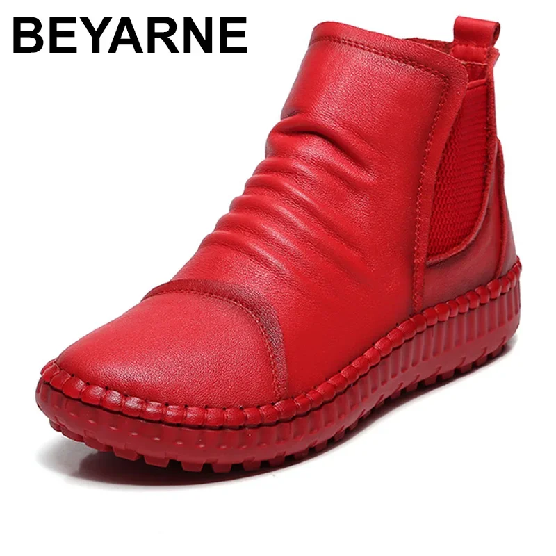 BEYARNEGenuine Leather Shoes Women Boots Autumn Winter Fashion Handmade Ankle Boots Warm Soft Outdoor Casual Flat ShoesWomanE264