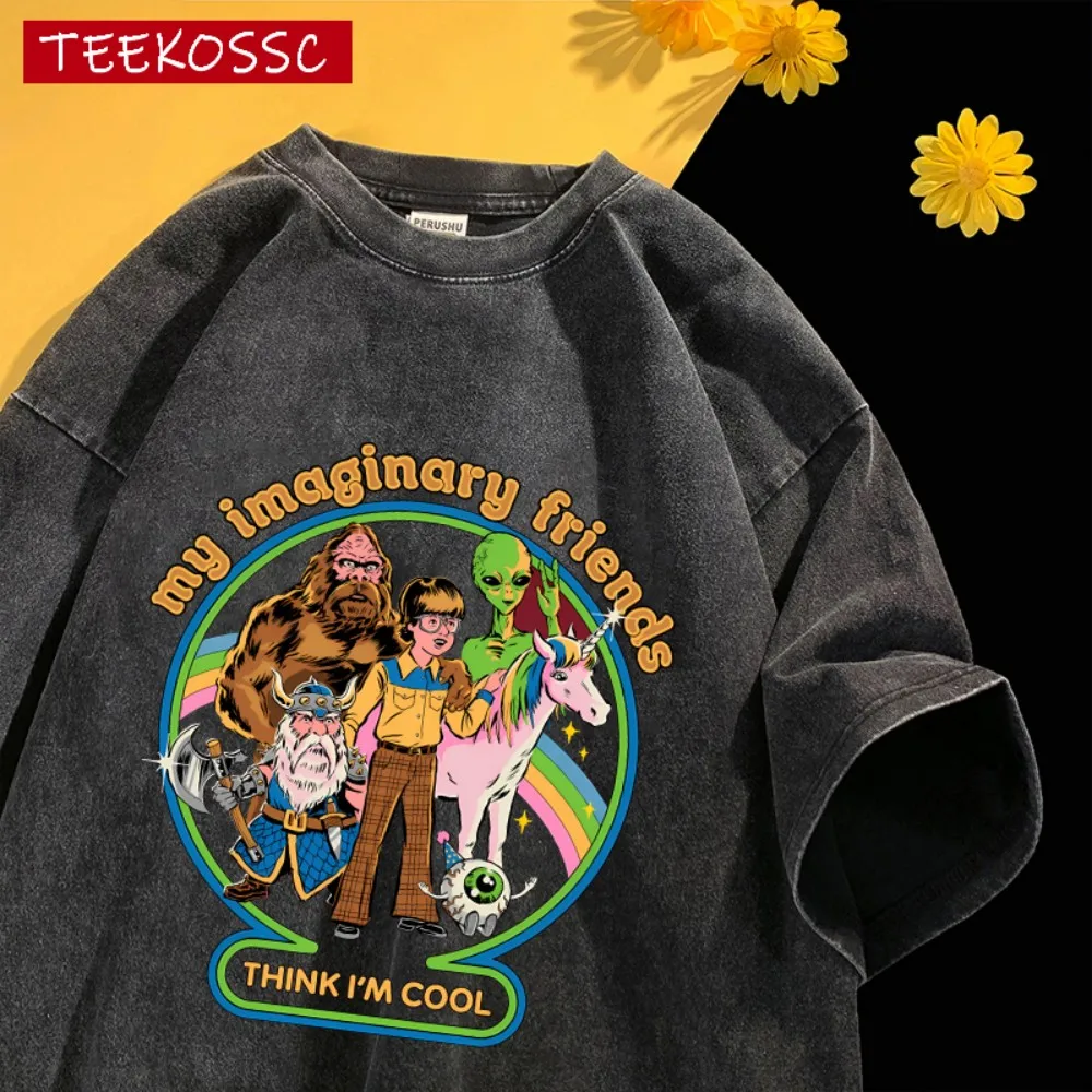 

My Imaginary Friends Prints Washed T Shirt Mens Summer All-Match Tops Trendy Loose Short Sleeve Unisex Soft Cotton Streetwear