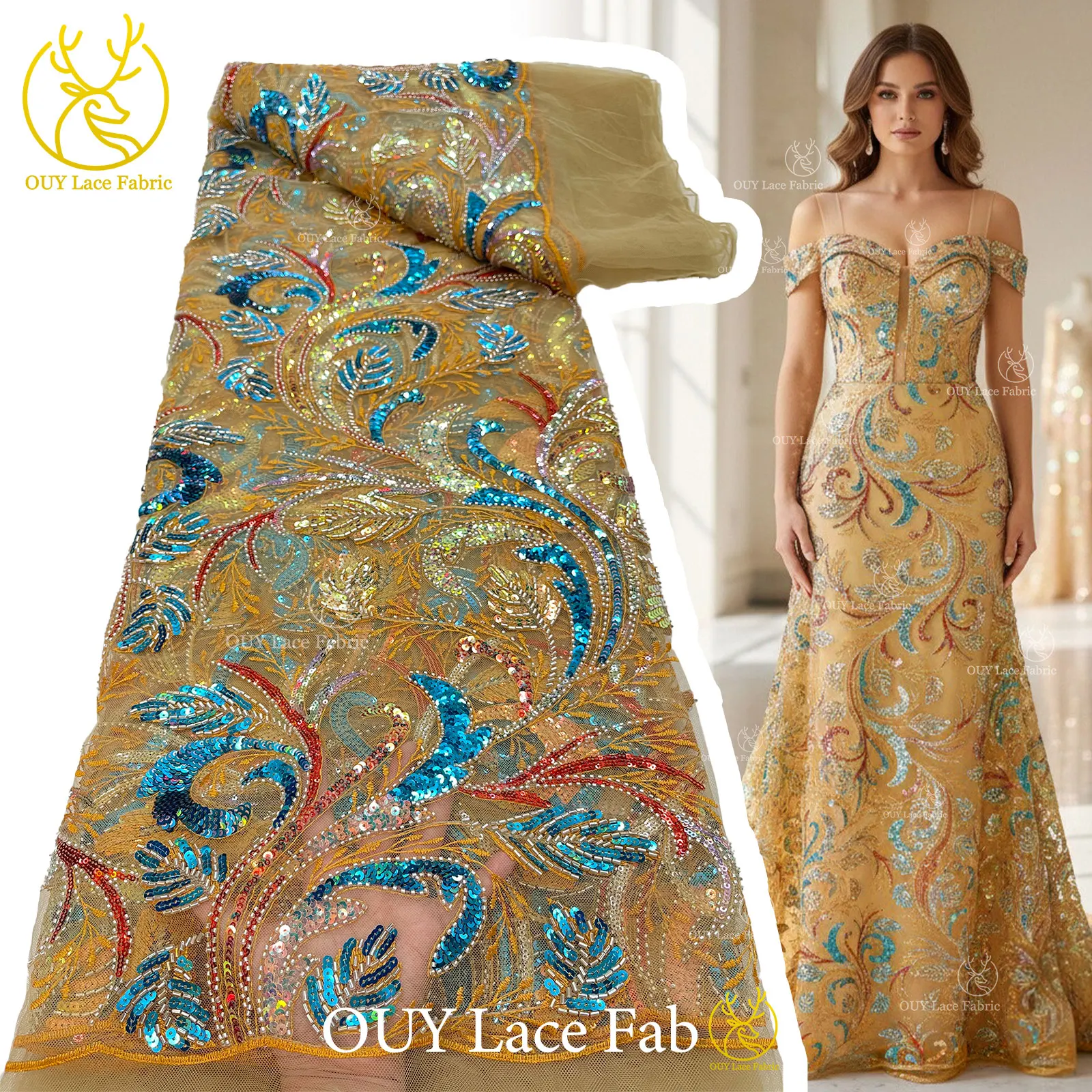 

Luxury Gold African Beaded Sequins Lace Fabric 2026 Elegant French Embroidery Tulle Lace Fabric Nigerian Party Wedding Dress