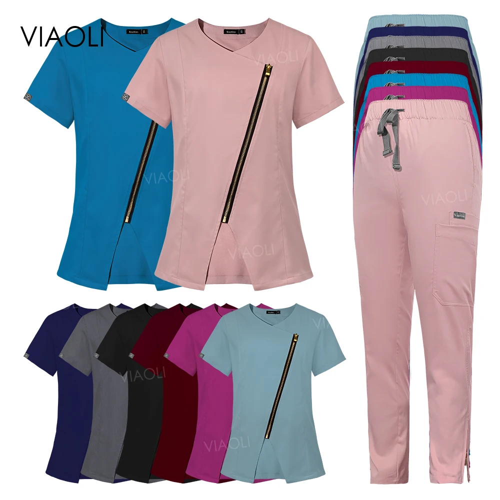 Surgical Uniform Woman Medical Scrub Hospital Nurse Scrub Set Short Sleeve Top with Zipper Nursing Accessories Aesthetic Uniform