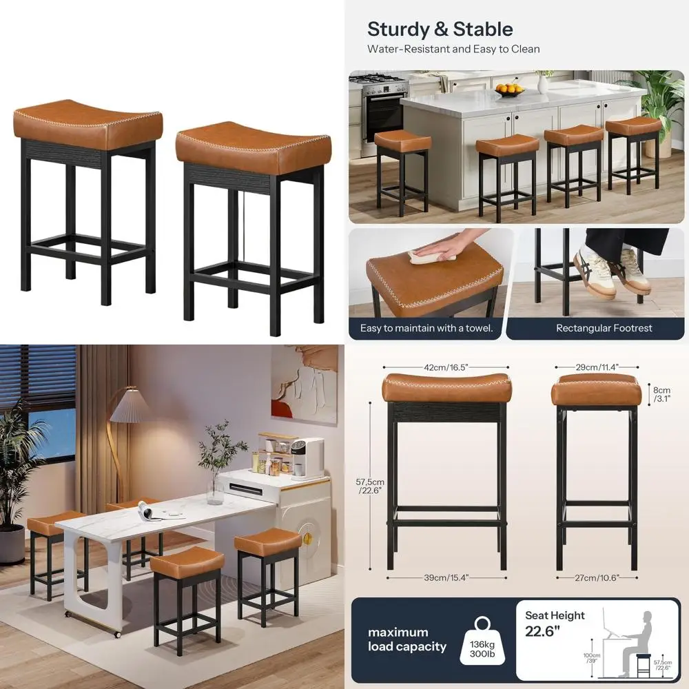 

Set of 2 PU Upholstered Counter Height Bar Stools, Thick Cushion, Kitchen Counter Chairs, Brown & Black BC67MDP201
