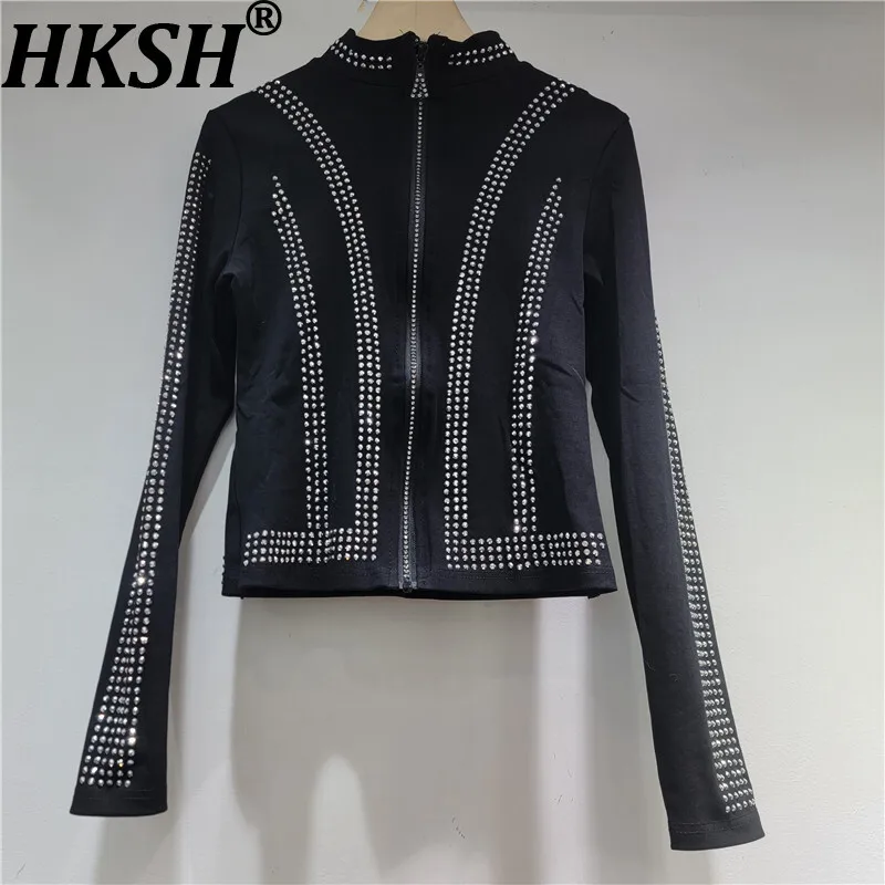 

HKSH Spring Autumn New Women Coat Stand Collar Zipper Studded Diamonds Slim Fit Fashion Elegant Hip Hop Chic Tide Jacket HK16862