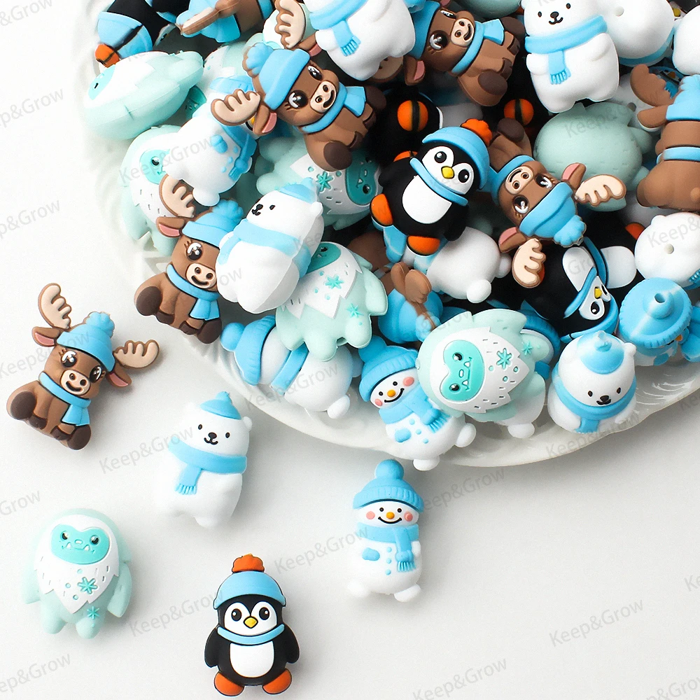 5/20/50 قطعة موضوع الشتاء ثلاثية الأبعاد سيليكون الخرز ثلج البطريق الدب القطبي الأيائل الثلوج الوحش البؤري الخرز Keychain بها بنفسك المفاتيح صنع المجوهرات
