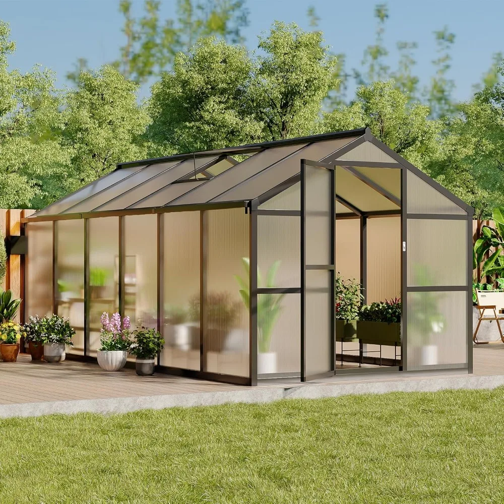 

Outdoor Polycarbonate Greenhouse, Aluminum Large Walk-in Greenhouse with Roof Vent and Sliding Lockable Door, 8x12 Foot