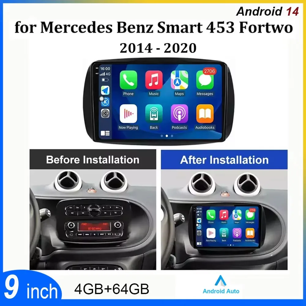 9inch 4+64G Car Stereo Radio Auto Wireless WiFi Bluetooth Car-play GPS Navigation Android 14 Compatible for Smart 2014-2022