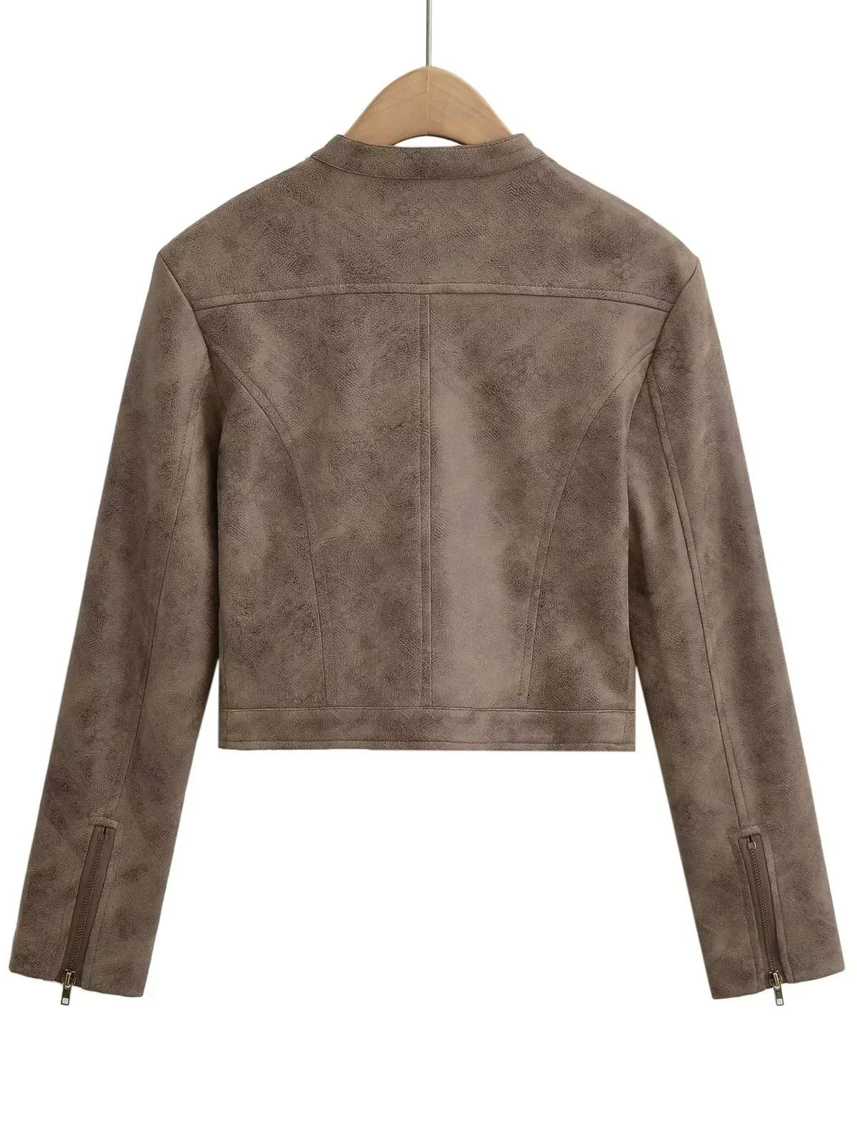 레트로 아메리칸 골드 스탬프 브라운 스탠드 칼라 슬림핏 가죽 재킷 여성용 오토바이 재킷 탑 PU 소재 롱 슬리브