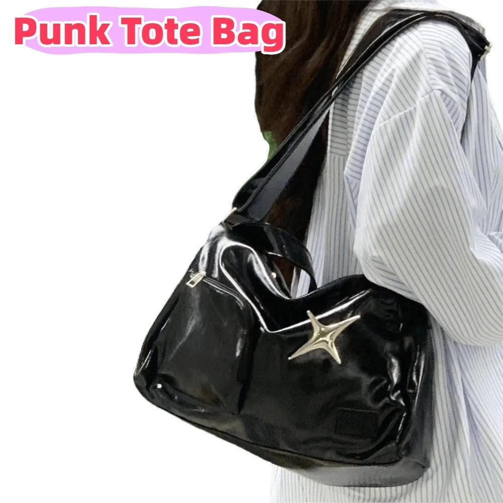 

Vintage PU Leather Punk Tote Bag Zipper Black Y2K Armpit Bag Elegant Large Capacity Bowling Handbag Women