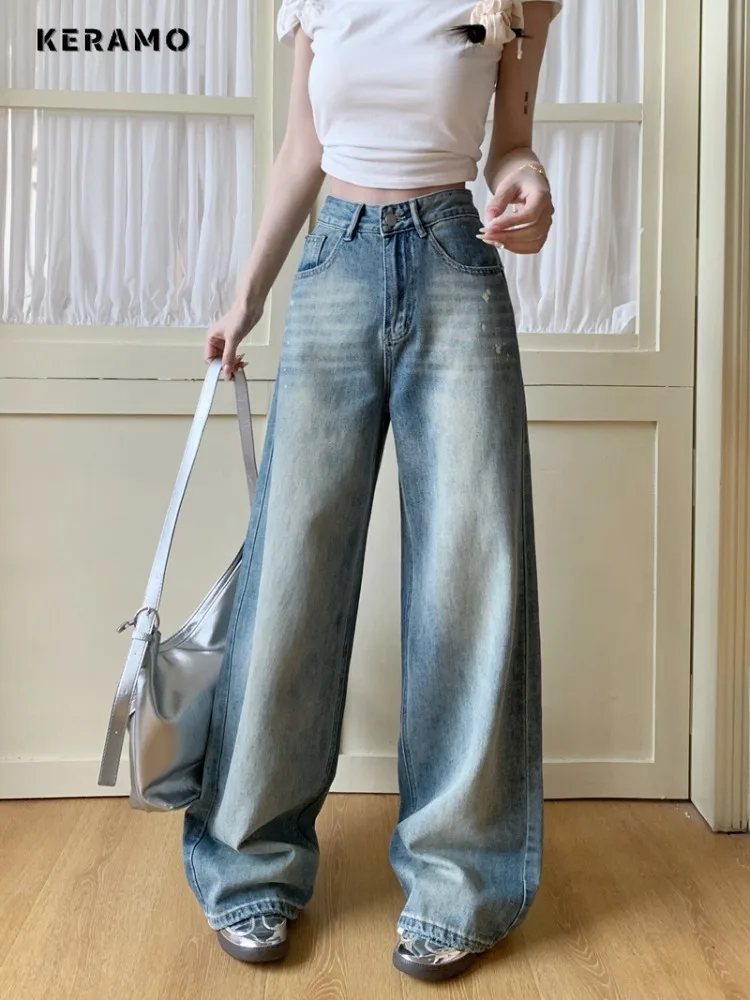 

High Street Blue Straight Jeans Women's Wide Leg Baggy Denim Trouser Fashion Korean Y2K 2000s Vintage Casual High Waist Pants