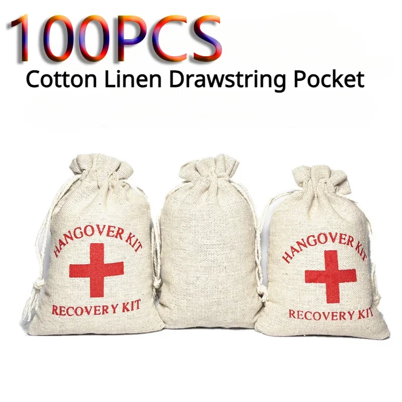 

100PCS Christmas Party Wake Up Bags Party Gift Bags Storage Bags Cotton Linen Bags First Aid Kits Bags Red Cross Hangover Kits