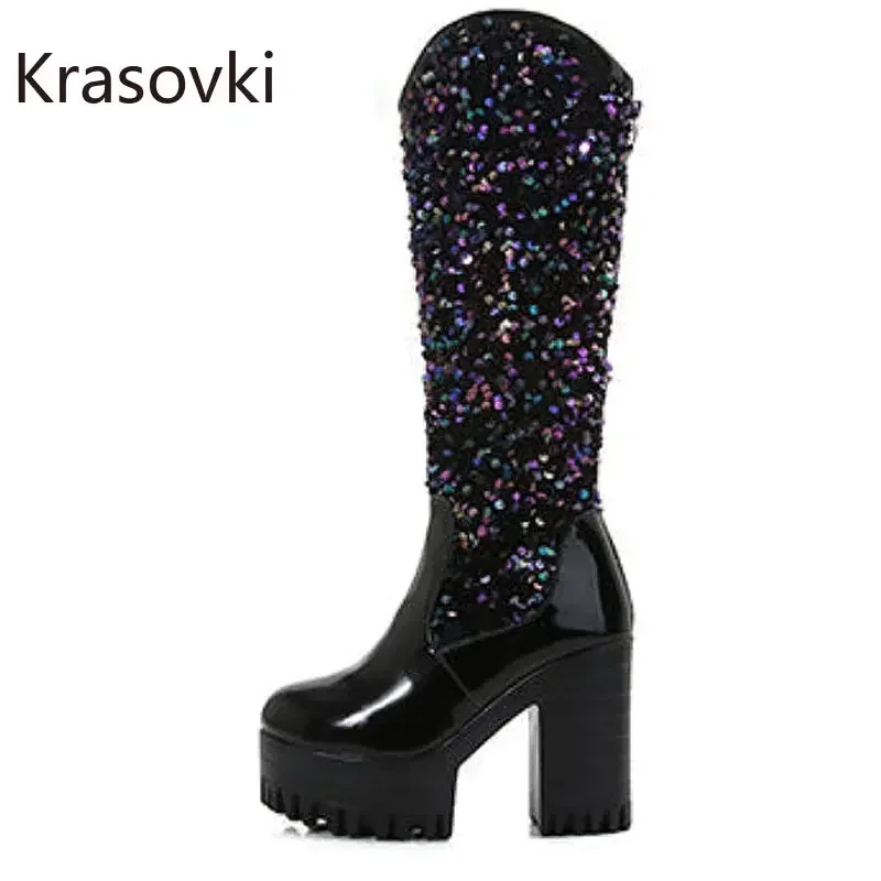 

Krasovki 11cm Patent Synthetic Microfiber Women Platform Wedge Boots Thick Heels Mid Calf Boot ZIP Knee High Spring Autumn Shoes