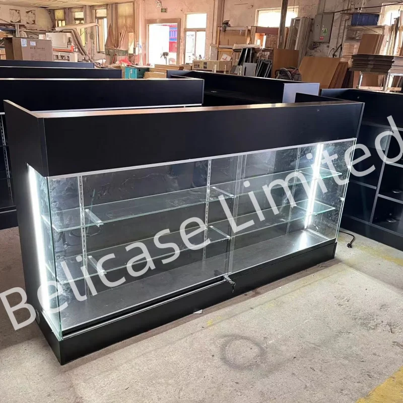 

customized.6 Feet Multifunctional Retail Store Shop Cash Desk Wooden Ledge Top Checkout Counter With View Front Glass Showcase