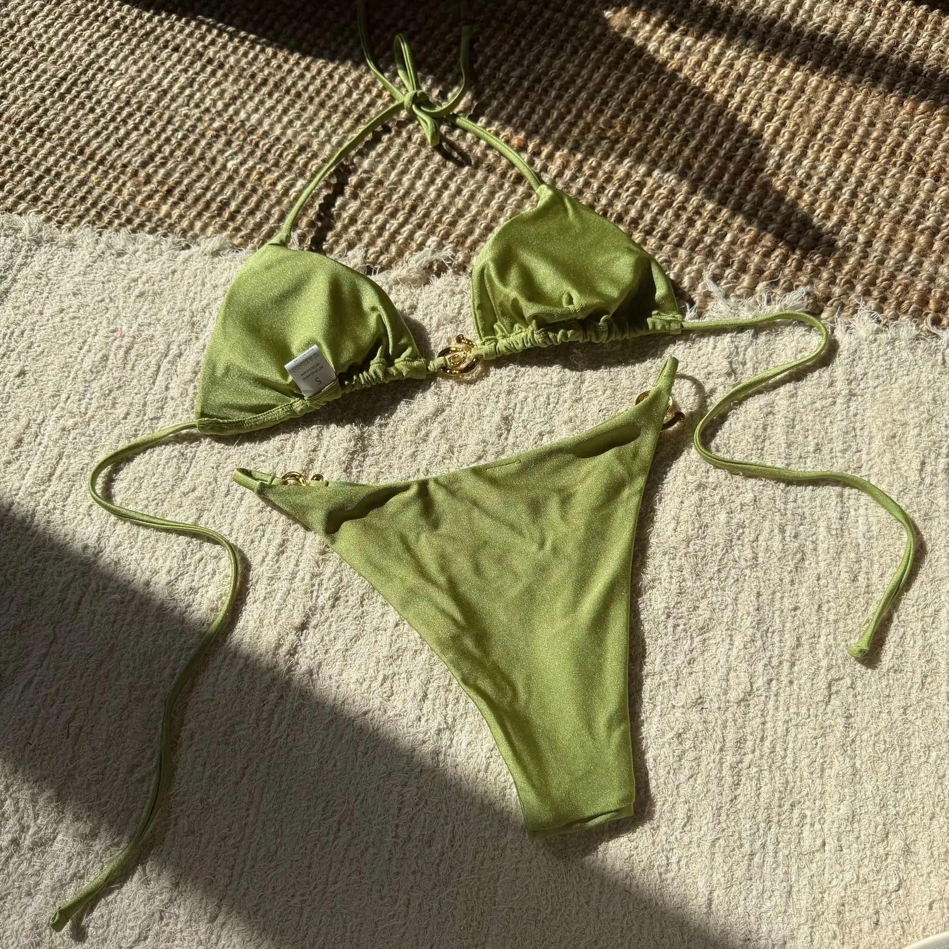 섹시한 반짝이 금속 고삐 넥타이 비키니 세트 두 조각 끈 수영복 수영복 수영복 biquini bakini Tankini trikini