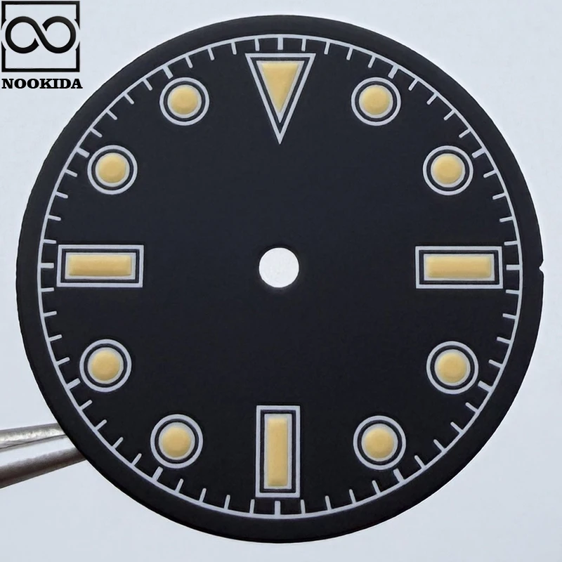 NOOKIDA 28.5mm Simple Green Luminous MOP Sterile Triangle Markers Vintage Watch Face Dial Suitable NH35 Automatic Movement Parts