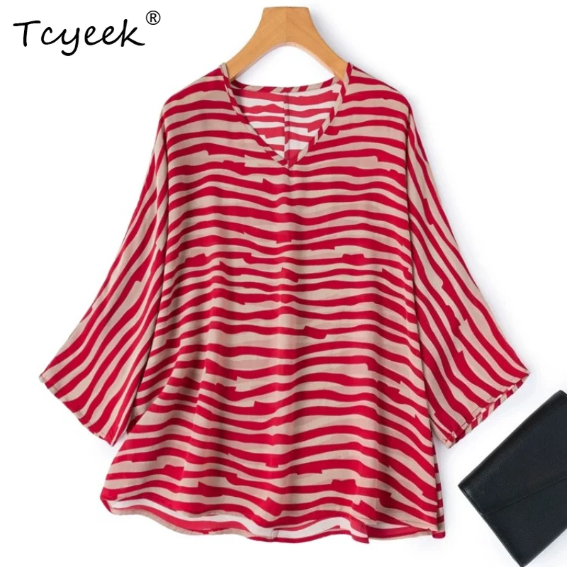 Tcyeek 100% Real Silk Women T Shirt 2026 Spring Summer Zebra-patterned Casual Batwing Sleeve Top Female Clothing Ropa De Mujer