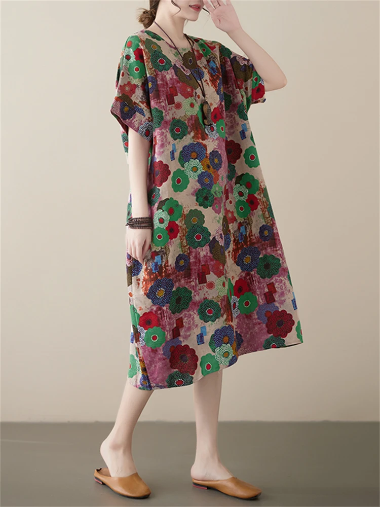 Short Sleeve Cotton Linen Vintage Floral Spring Summer Dresses For Women 2024 Casual Loose Midi Dress Robe Femme Elegant Clothes