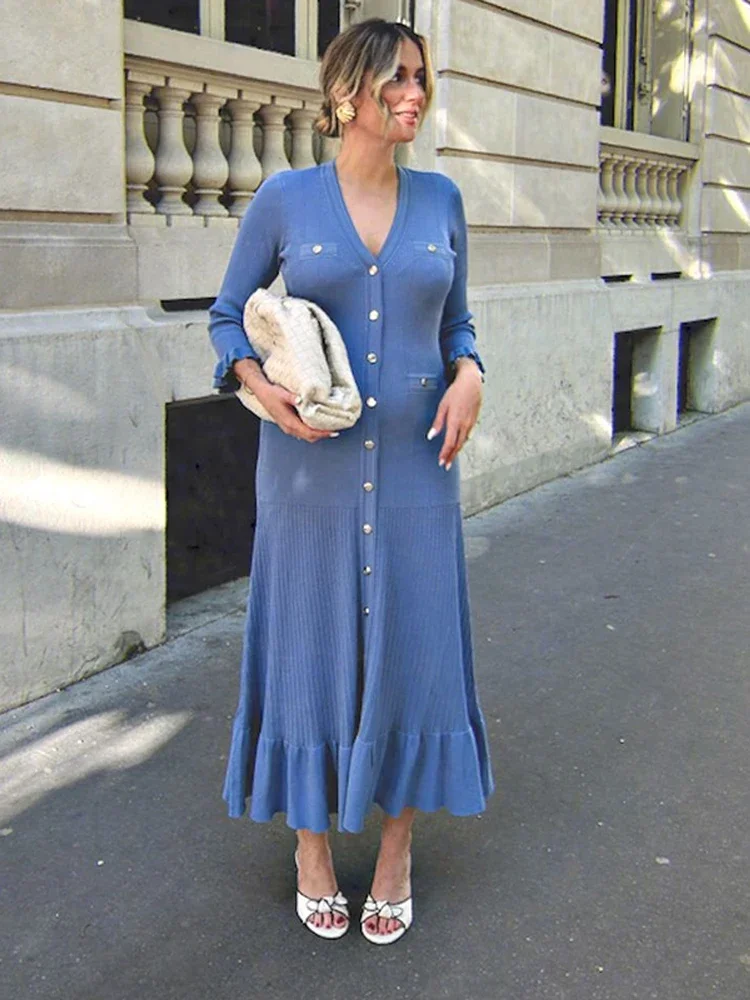 bodycon dress office Elegant Women Ruffle Hem Single Breast Knit Midi Fashion V-neck Long Sleeve Dresses Street Lady Party Robe Kentucky One customer noted that Size:2-3y Royal Blue Suit With