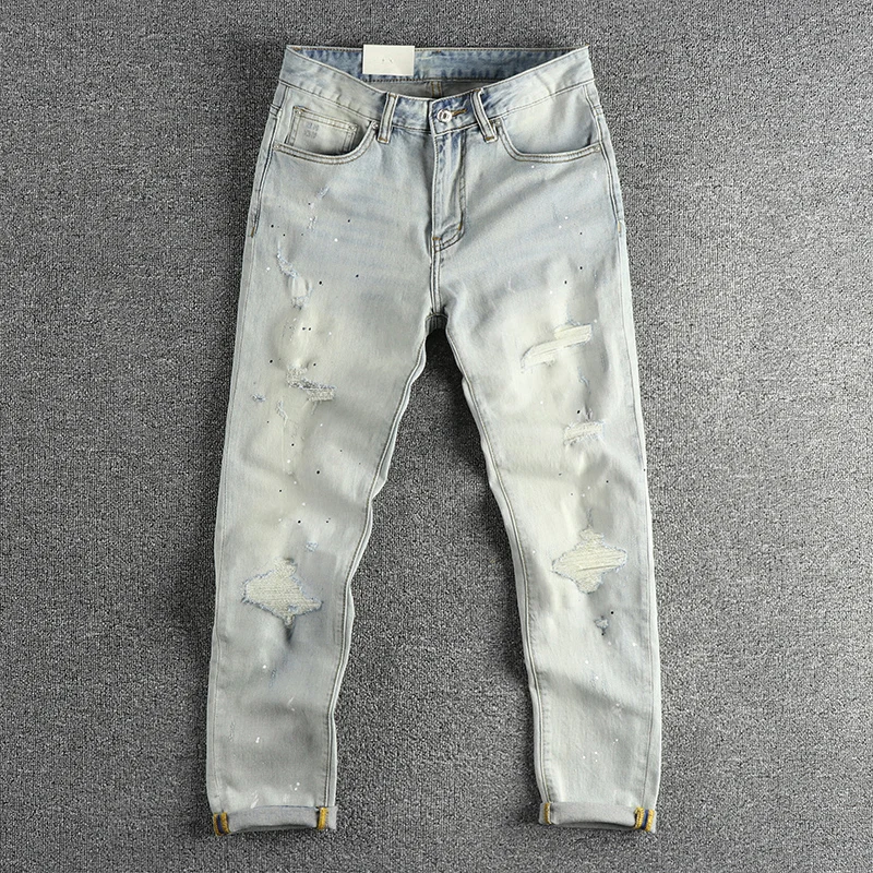 

Retro Distressed American Casual Cool Handsome Men's Jeans Elastic Slim Fit Long Pants Wear Resistant Cotton Stretch Denim