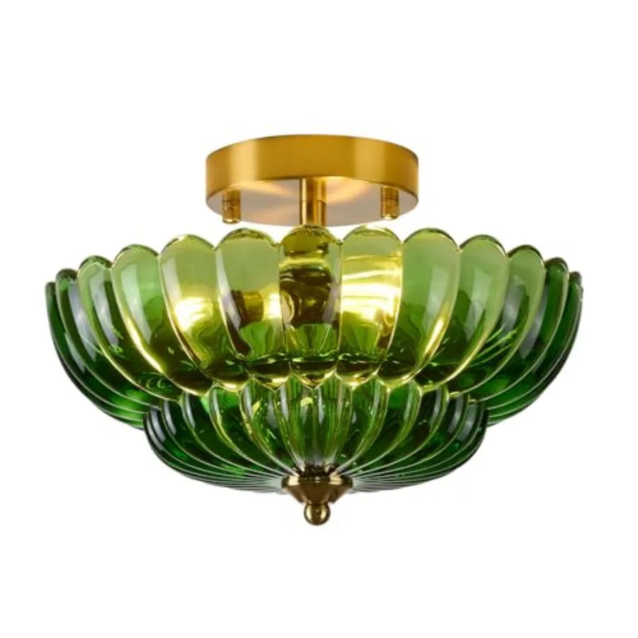

Semi Flush Mount Ceiling Light Green Glass Ceiling Light Fixture 3-Bulb Gold Close to Ceiling Light Vintage Glass Ceiling Light