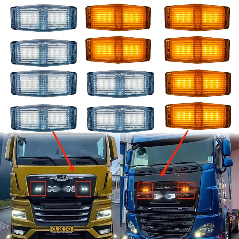 6PCS 24LED Truck Front Double Burner Indicator Light Lorry Front Grille Side Marker Light 24V LED Amber White Lighting Lamp