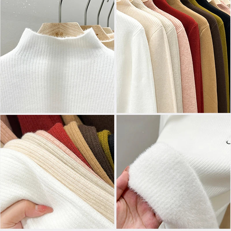 سترة شتوية سميكة من المينك الأبيض للنساء بأكمام طويلة ورقبة وهمية دافئة قاع محبوك سيدة