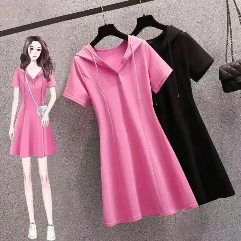 Hot Summer New Women Casual Loose Hooded Dress with Fashion Versatile Temperament Waist Cinching Short Sleeved Mid Length Skirt