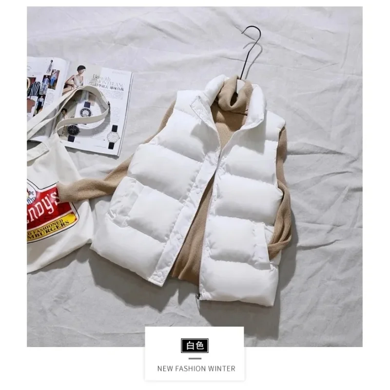 Casual Stand Collar Short Down Cotton Waistcoat Women Winter Warm Cotton Padded Puffer Vests Sleeveless Parkas Jacket