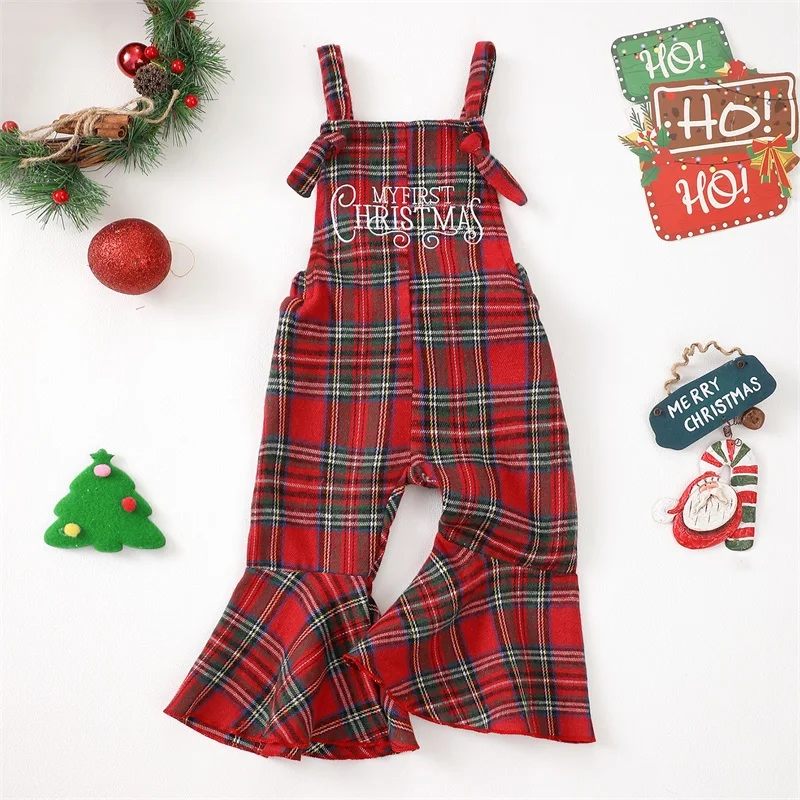 Suefunskry Little Girls Christmas Jumpsuit Sleeveless Letter Embroidery Plaid Suspender Romper Flared Pants