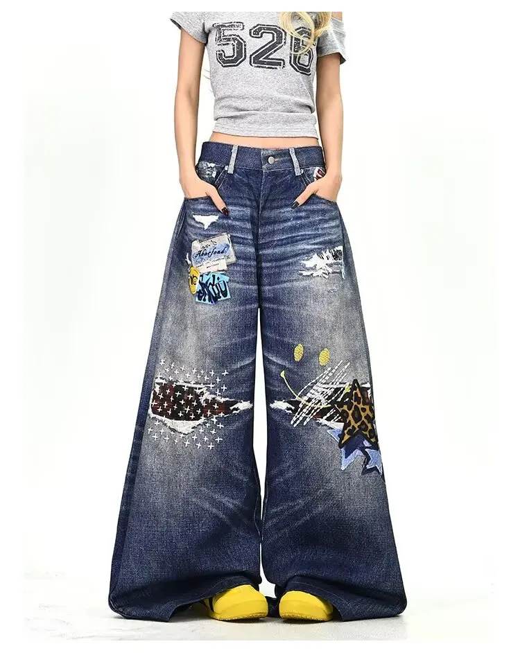 

Vintage Street Graffiti Printed Piercing Beggar Jeans Women's Trendy Brand Loose Hip Hop Street Explosion Wide Leg Pants