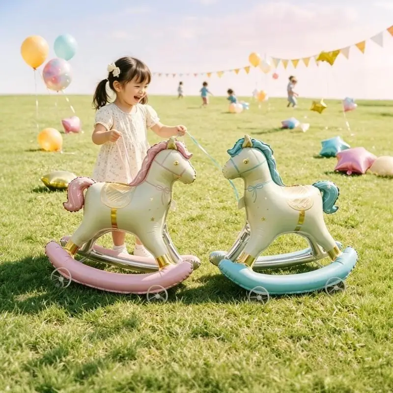 Animal Stand Walking Foil Balloon 1Pcs Cartoon Rocking Horse With Wheel For Kids Party Baby Shower Decor