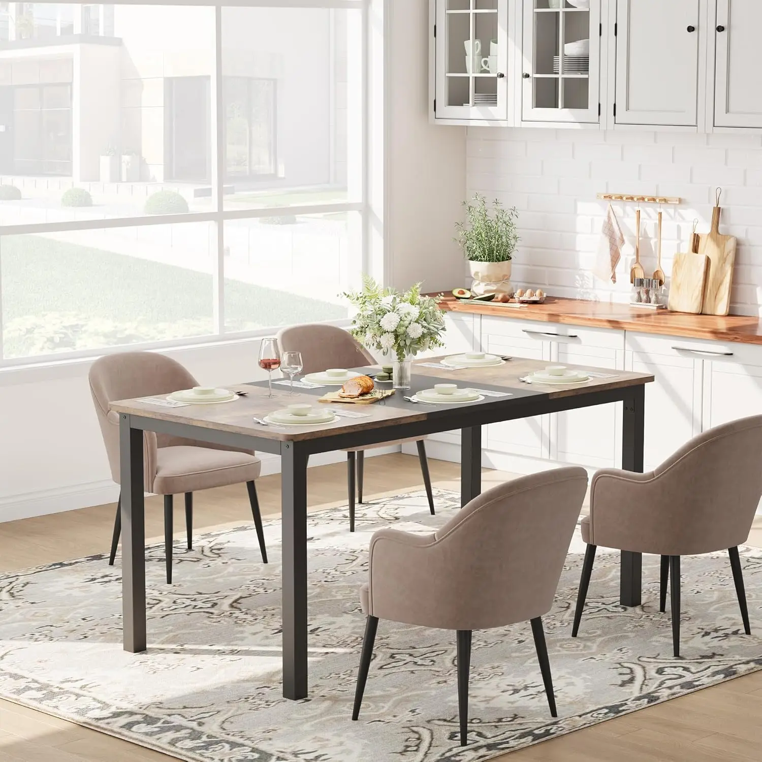 63 Inch Home Office Computer Desk, Conference Desk,Writing Desk with Black Metal Frame, for Home Dining Study Room Bedroom