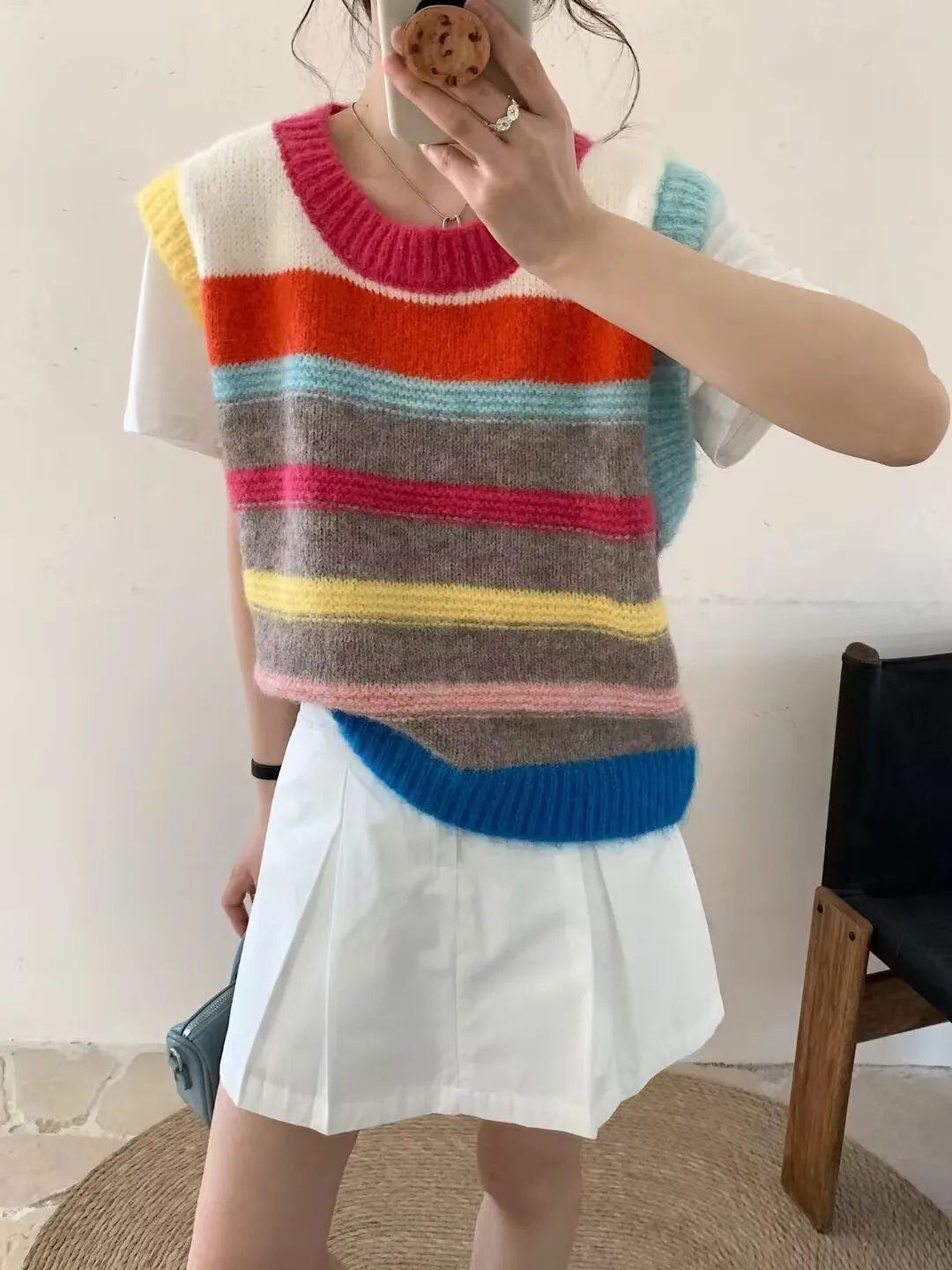 

Полосатый вязаный жилет, женская внутренняя одежда, верхняя одежда, весенний многослойный топ, майка с бретелями