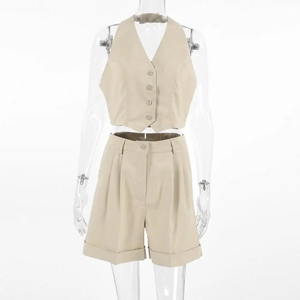 Women Two Piece Suit Vest Shorts Set with Halter Neck Button Detail High Waist Pants