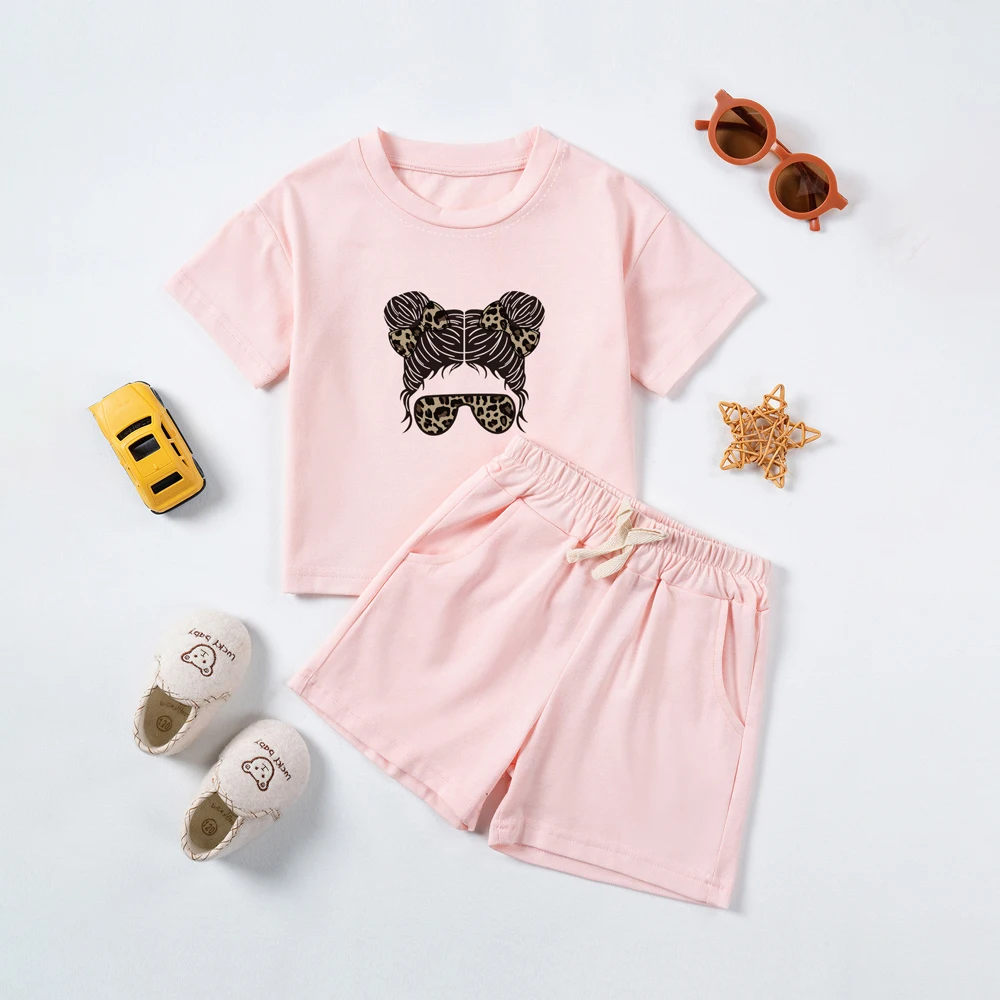 Summer New Girl Short sleeved Shorts Set 0-6Y  Cartoon Printed Top+Solid Casual Shorts 2PCS Set  Girl's Sports Leisure Suits