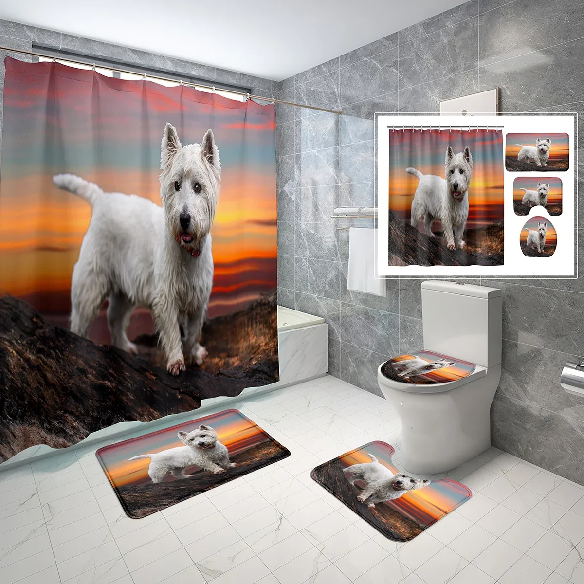 

Cute Puppy Shower Curtain Set Puppy West Highland 4 Pcs Shower Curtain Bathroom Non-Slip Bath Mat Toilet Cover Curtain Set