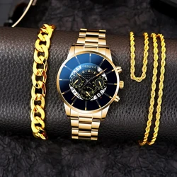 3PCS Set Fashion Mens Business Watches Men Casual Gold Bracelet Necklace Stainless Steel Quartz Wrist Watch Relogio Masculino