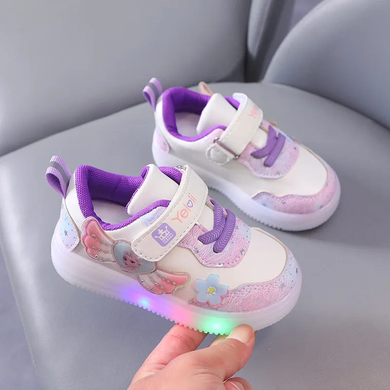 Disney LED Casual Pink Purple For Spring Girls Frozen Elsa Princess Print Outdoor Children Lighted Non-slip Shoes Size 22-31