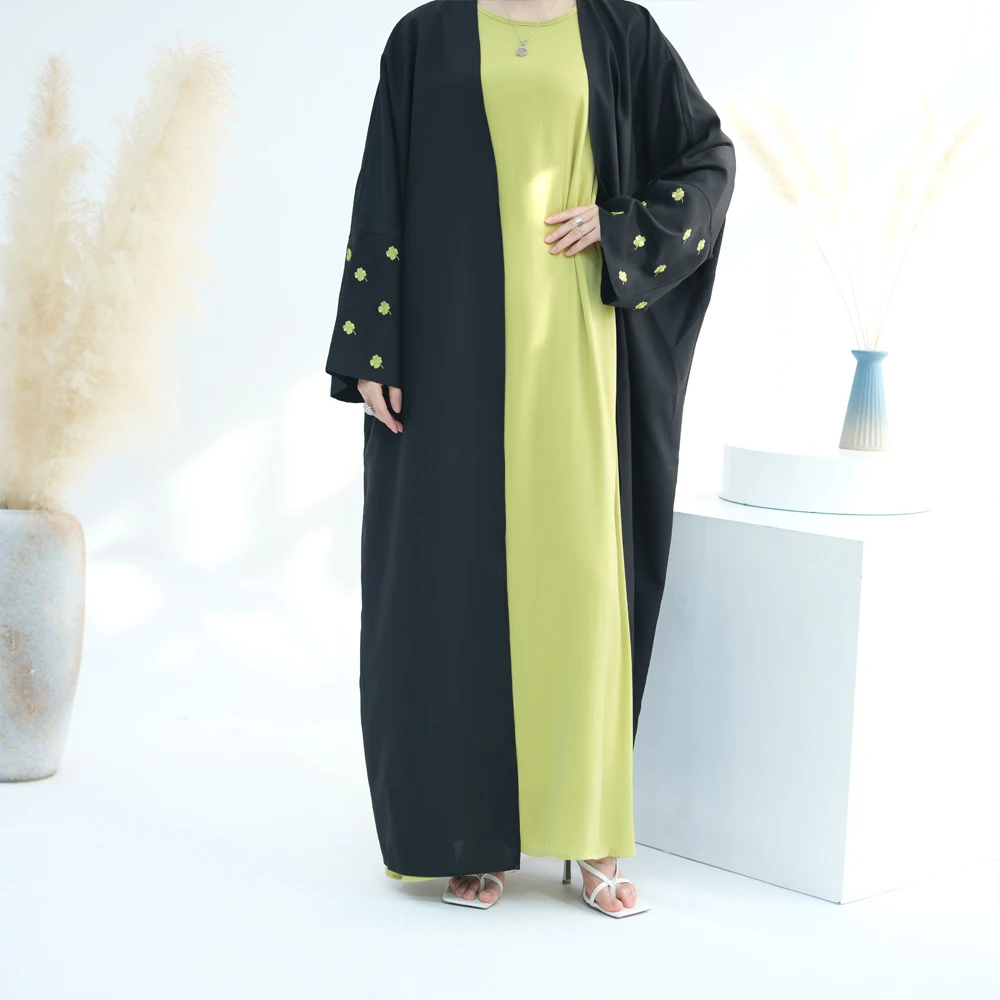 

Black Abaya Clover Embroidery Dubai Turkey Kimono Muslim Women Islamic Clothing Modesty Ramadan Eid Kaftan (No Inner Dress)