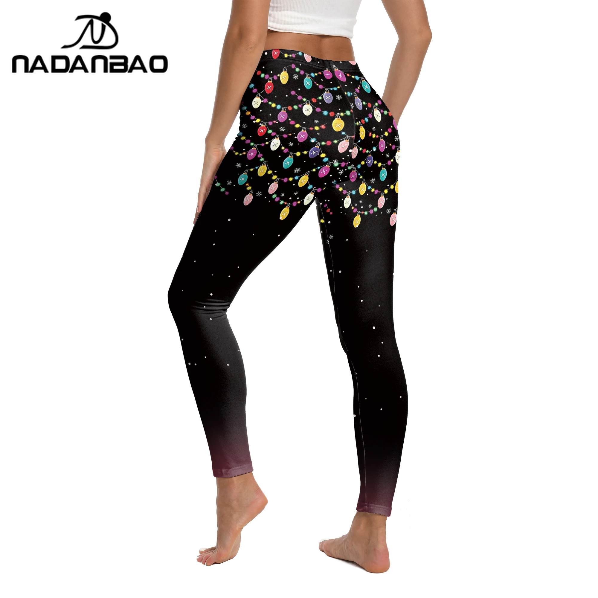 Nadanbao Women Chritsmas Colored Lights Snowflakes Plaid Leggings Waist Stretchy Ugly Xmas Pattern Casual Pants Holiday Party