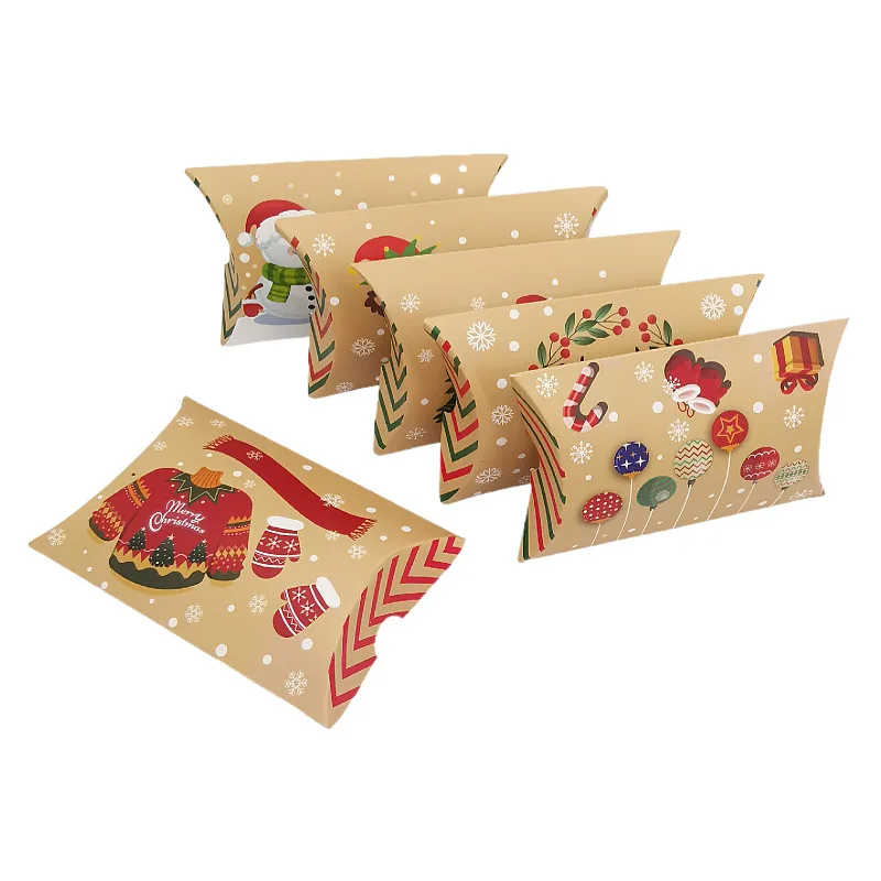 12/24Pcs Kraft Paper Christmas Pillow Candy Gift Box Sweet Creative Favor Gift Packaging Gift Box Merry Christmas Party Supplies