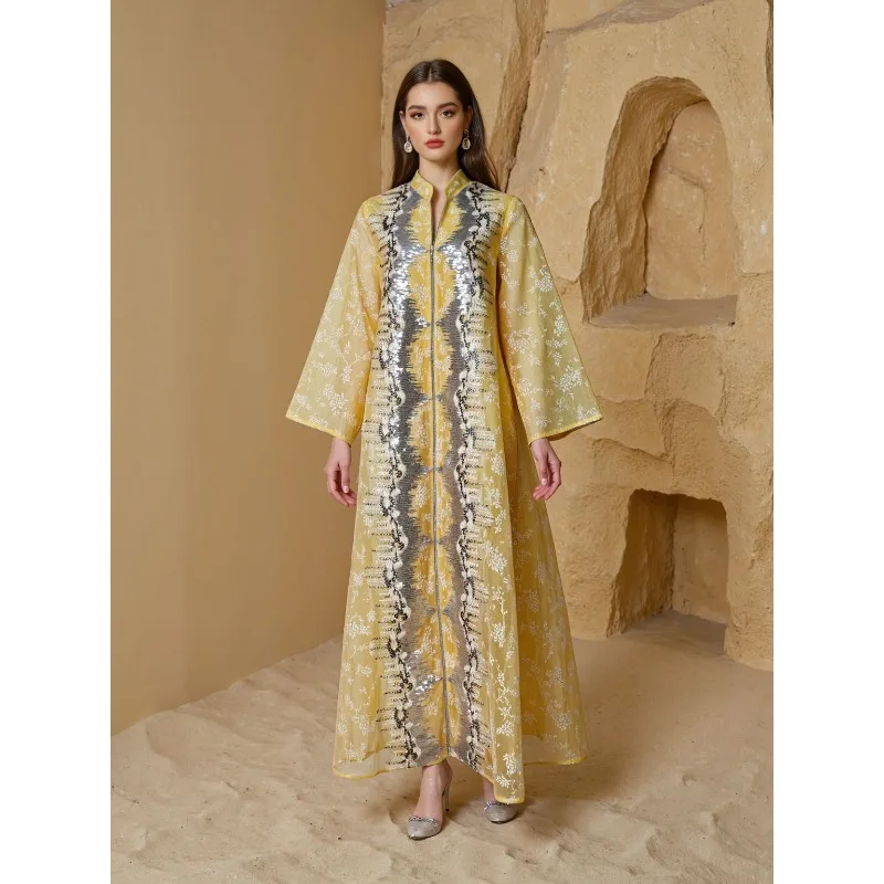 Women Botanical All Over Print Sequin Panel Stand Collar Zip Front Three Quarter Sleeve Long Kaftan Dress Sheer Flowy Maxi Abaya