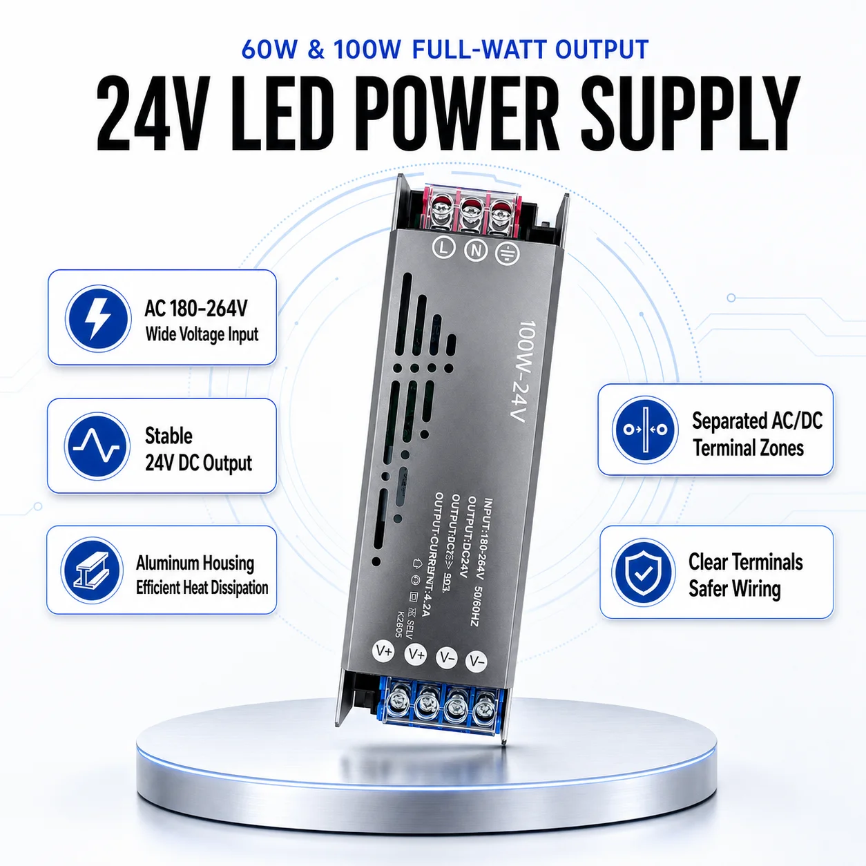 LED Power Supply 24V 60W-400W Full Power AC180-264V Constant Voltage Switching Transformer for LED Strip Lights Light Boxes and