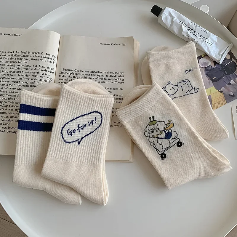 

Cartoon Printing Cotton Long Socks Women White Socks Harajuku Korean Styles Japanese Kawaii Cute Funny Socks Simple School Girls